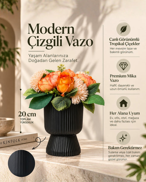 Çiçekli Çizgili Antrasit Saksı Seti