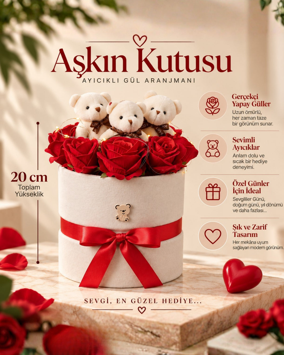 Işıklı Ayıcık ve Kırmızı Gül Hediye Kutusu