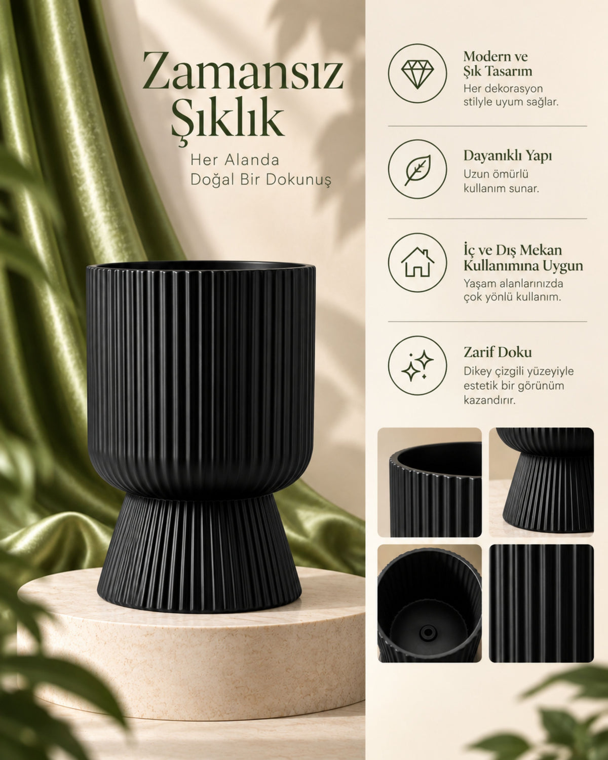 Çizgili Antrasit Saksı